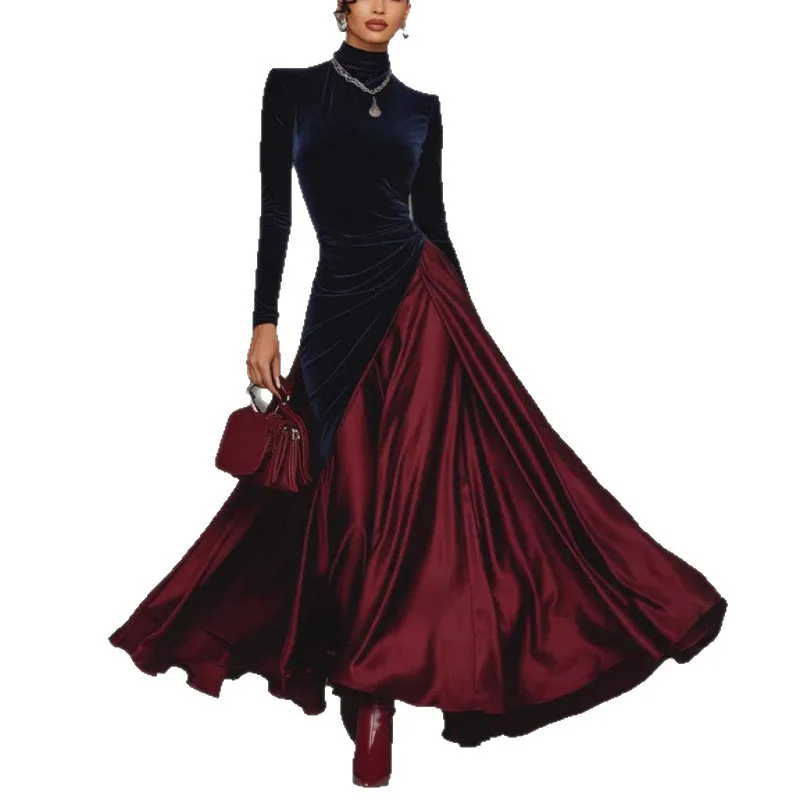 벨벳 새틴 패치워크 맥시 드레스 여성용 핏 앤 플레어 터틀넥 긴 소매 우아한 파티 클럽 이브닝 레트로 드레스