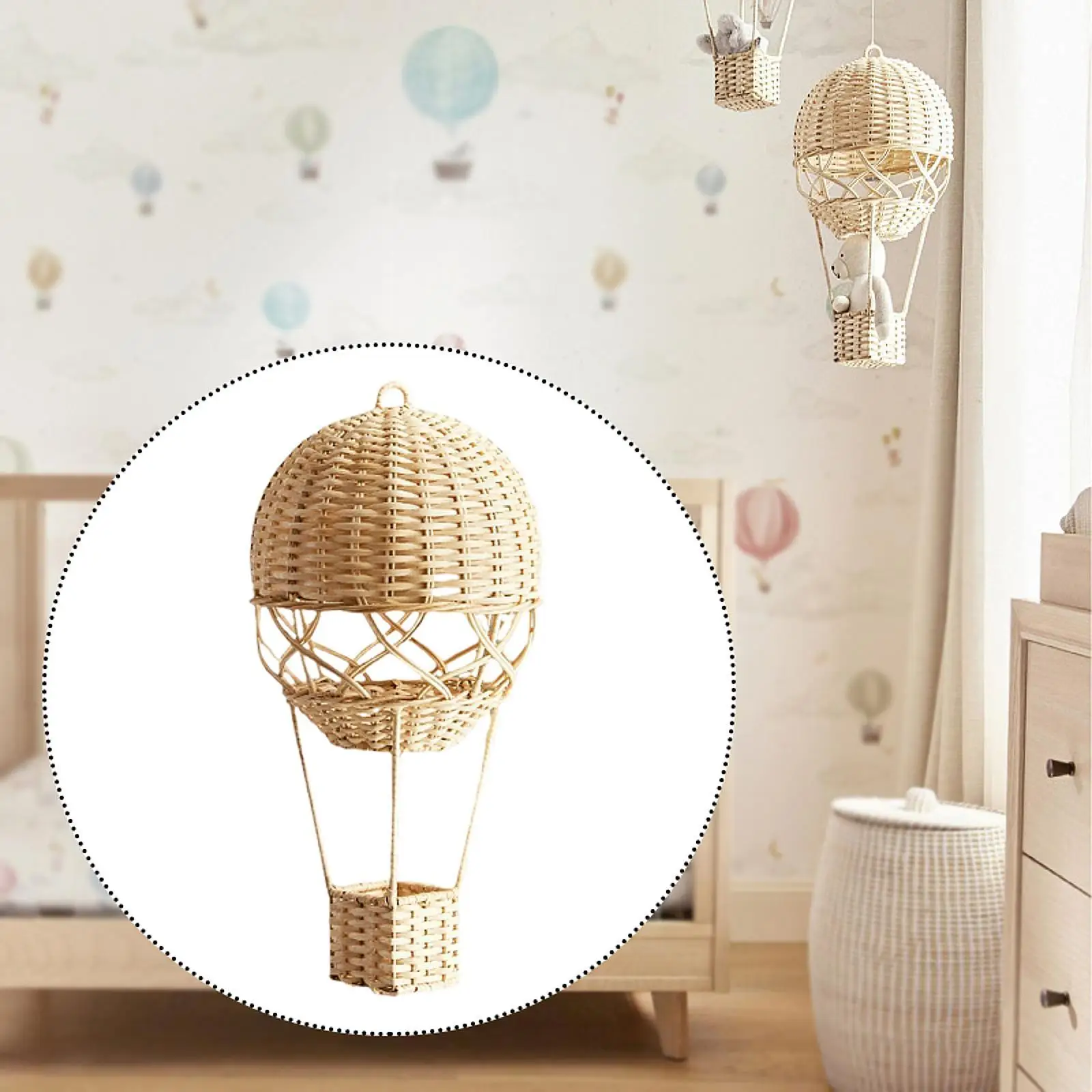 Woven Rattan Handcrafted Hot Air Balloon Decorative Pendant Beige Wall Art for Kids Room Gift