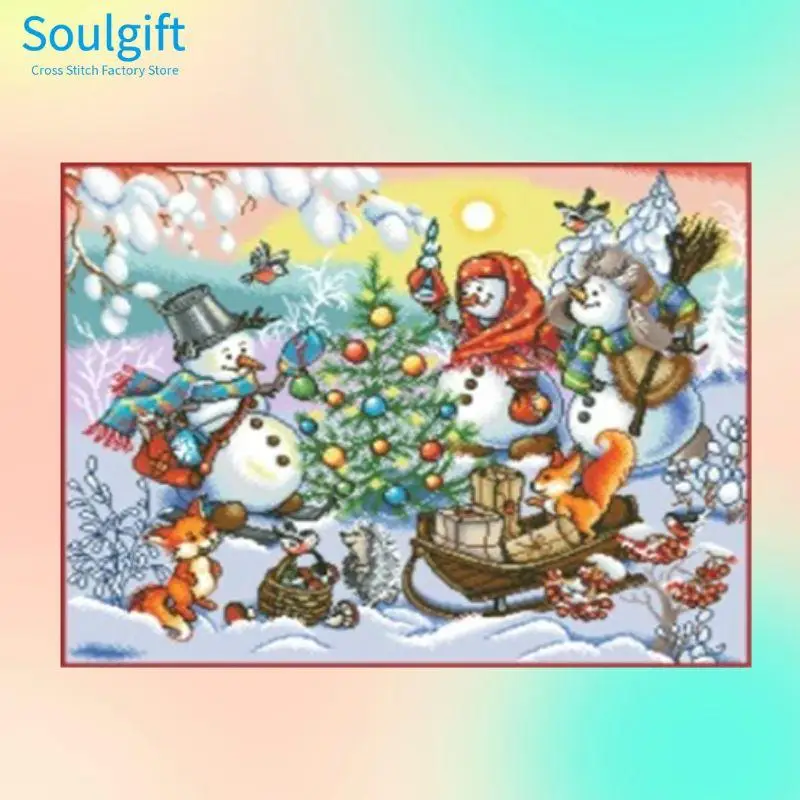 

Snowman-Soulgift Stamped Pre-Printed Cross Stitch Kits, 9CT/11CT/14CT/16CT Fabric with DMC Threads, Easy
