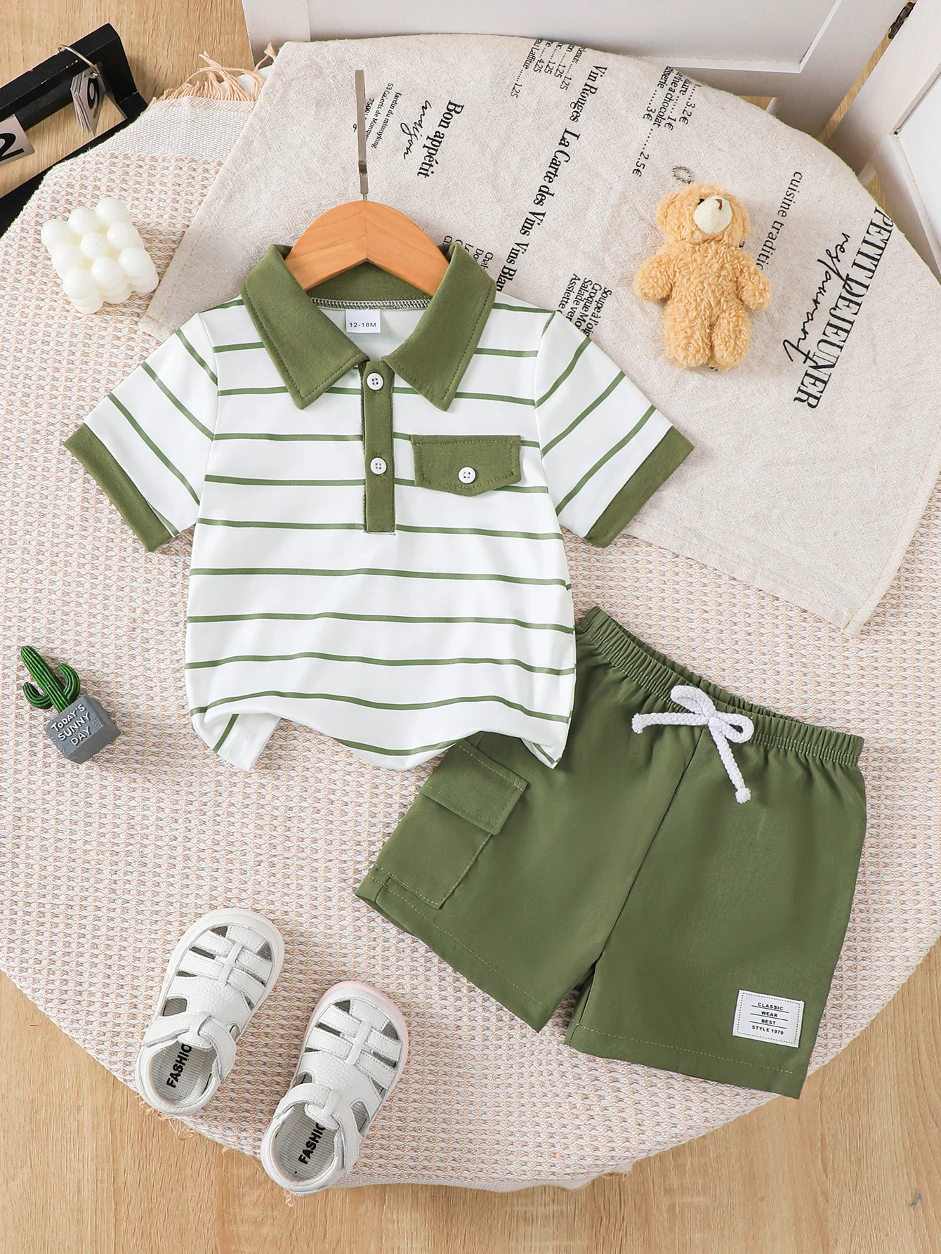 Summer  0-3  Years  Old  Infant  Baby  Boys  Striped  Short  Sleeved  Lapel  Top   And   Shorts   2-Piece  Set