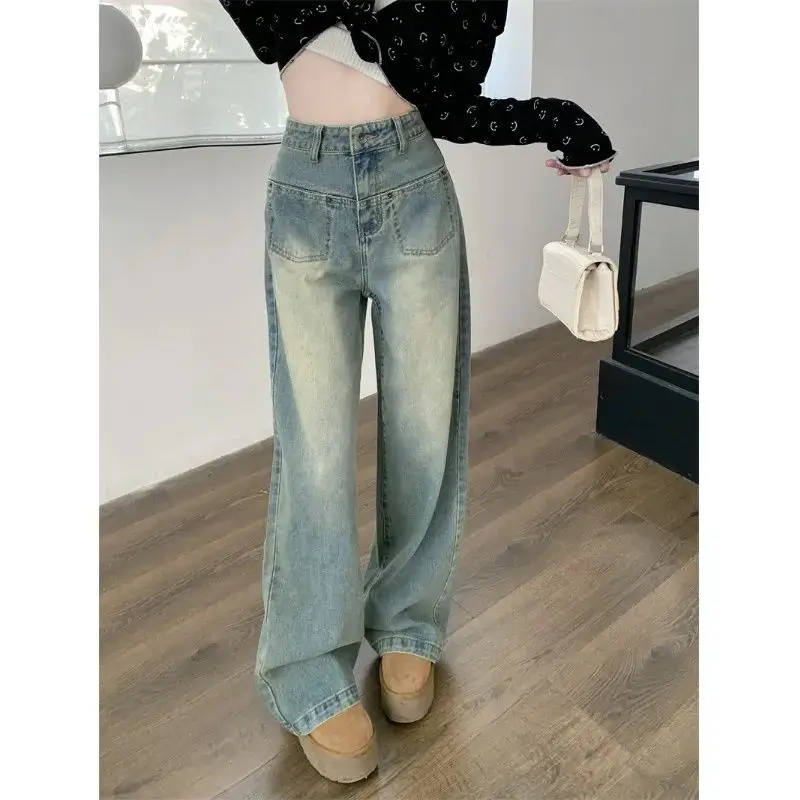 Fashion Women Pants High Waist Washed Light Blue Jeans Straight Streetwear Y2k Vintage Quality Harajuku Clothing Female A847