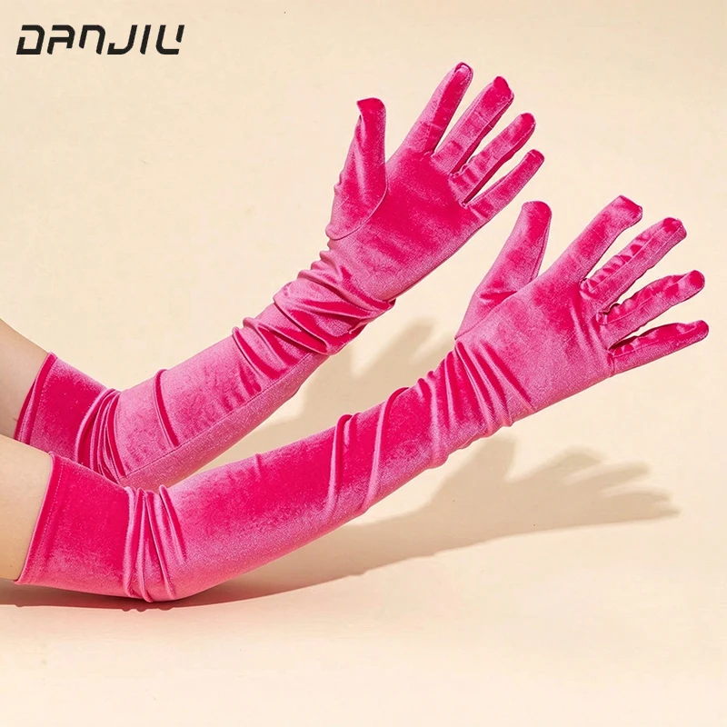 53CM Women Golden Velvet Long Autumn Winter Warm Black Evening Dress Etiquette Gloves Retro Style Banquet Accessories Elasticity