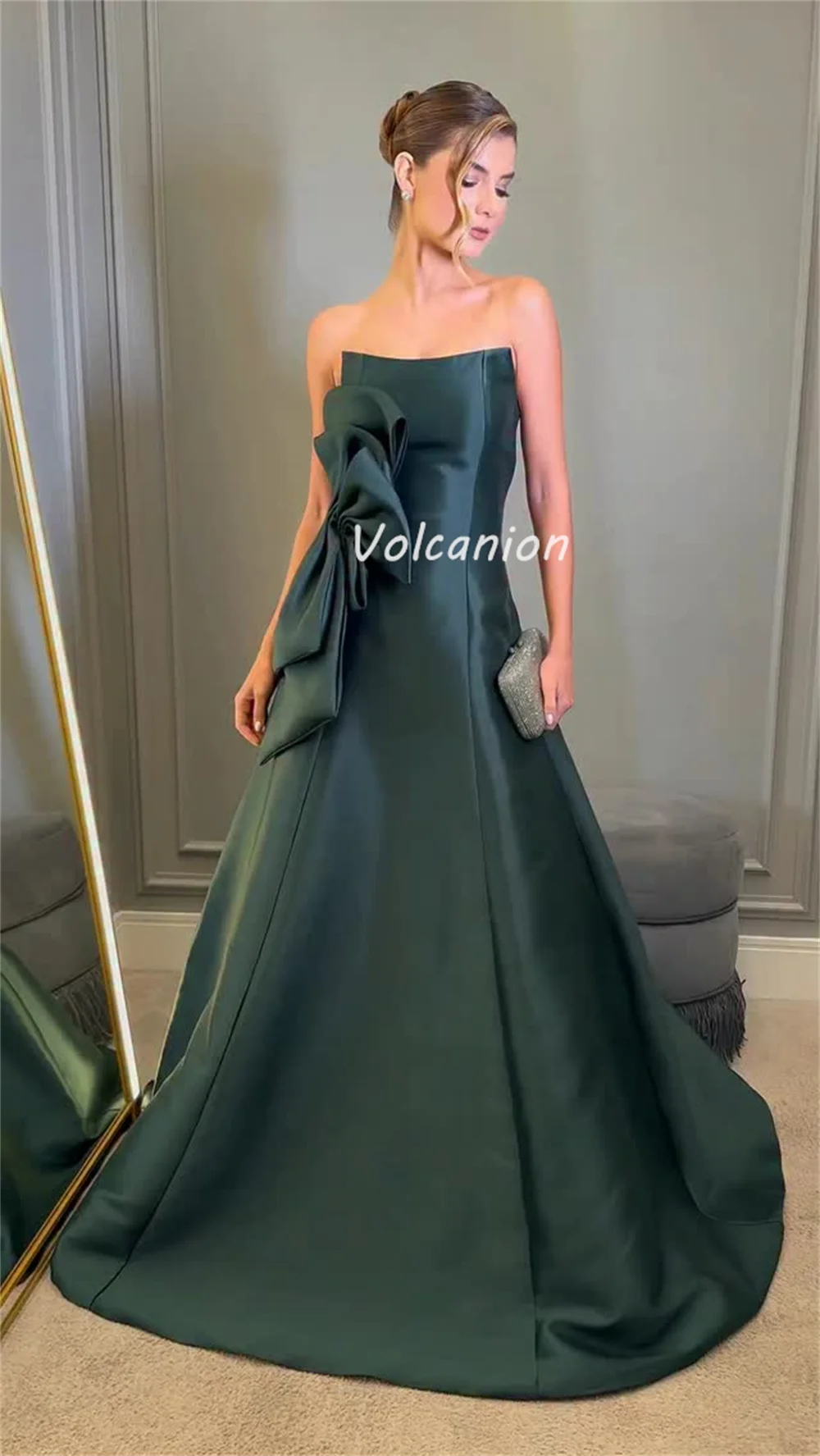 Customized High Quality Exquisite Charmeuse Bow Ruched A-line Strapless Long Dresses Bespoke Occasion Dresses Elegant Simple