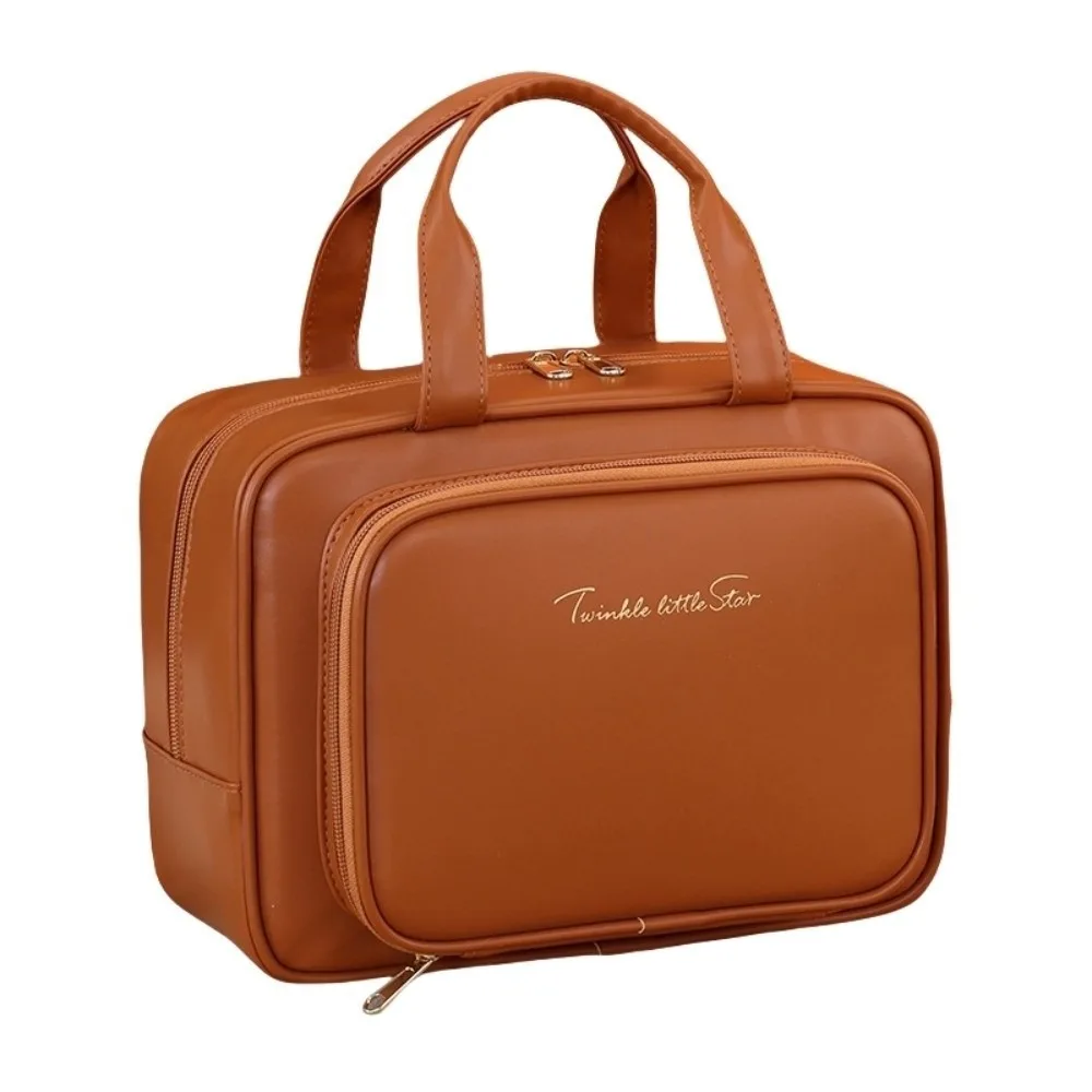

Fashion Storage Makeup Bag Handle Large Capacity Cosmetic Container Portable PU Leather Travel Wash Pouch Data Cable Storage