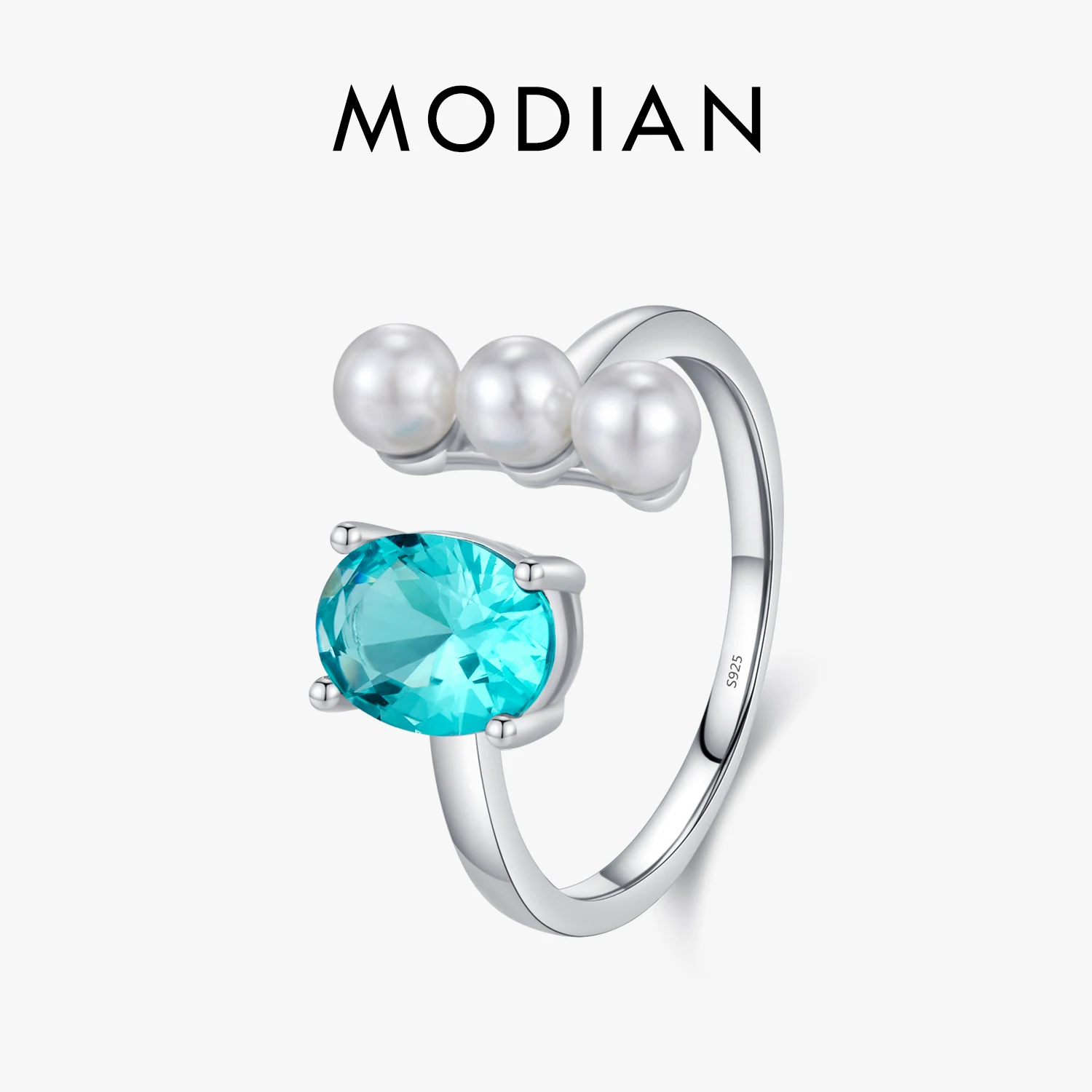 MODIAN 925 Sterling Silver Fine Jewelry Colorful Adjustable Ring Paraiba Color CZ Elegant Crystal Pearls Rings For Women