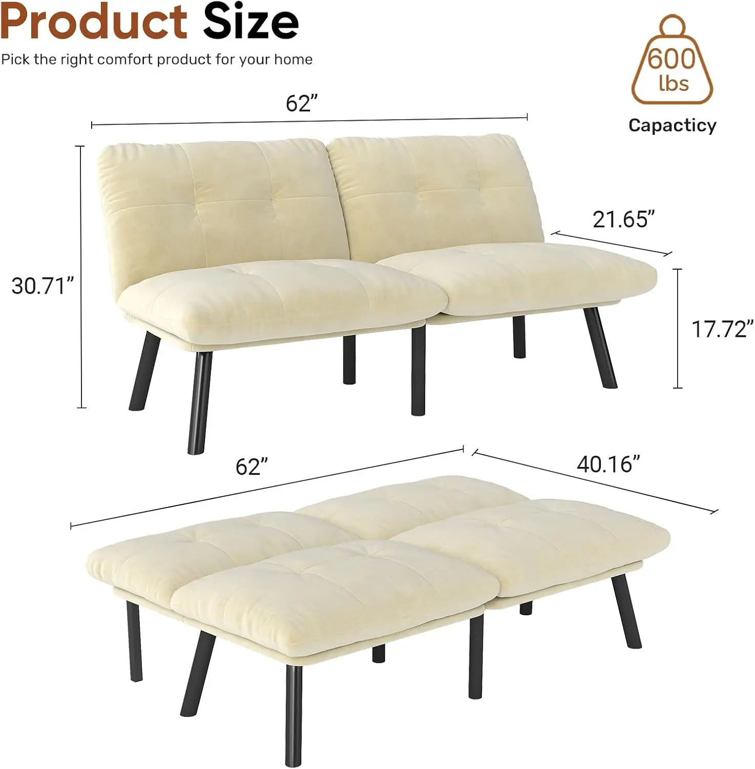 Canapé-lit futon avec dossier réglable, canapé-lit en velours (Beige)