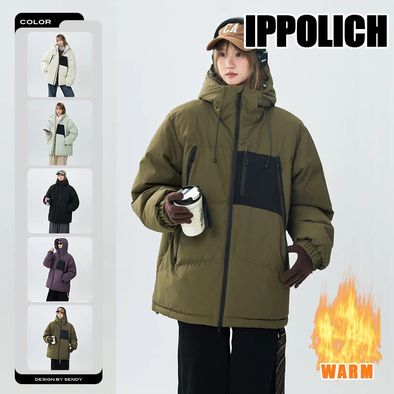Unisex Plus Size Color‑Block Hooded Padded Jacket Zip‑Up Spliced Warm Cotton‑Padded Winter Coat Loose Windproof Casual Coat
