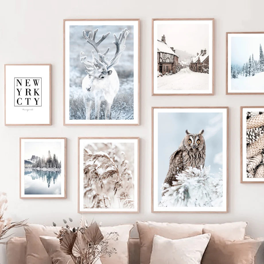 Snow Pine Forest Reed Lake Owl Elk Deer Winter Wall Art Canvas Painting Posters And Prints Wall Pictures For Living Room Decor