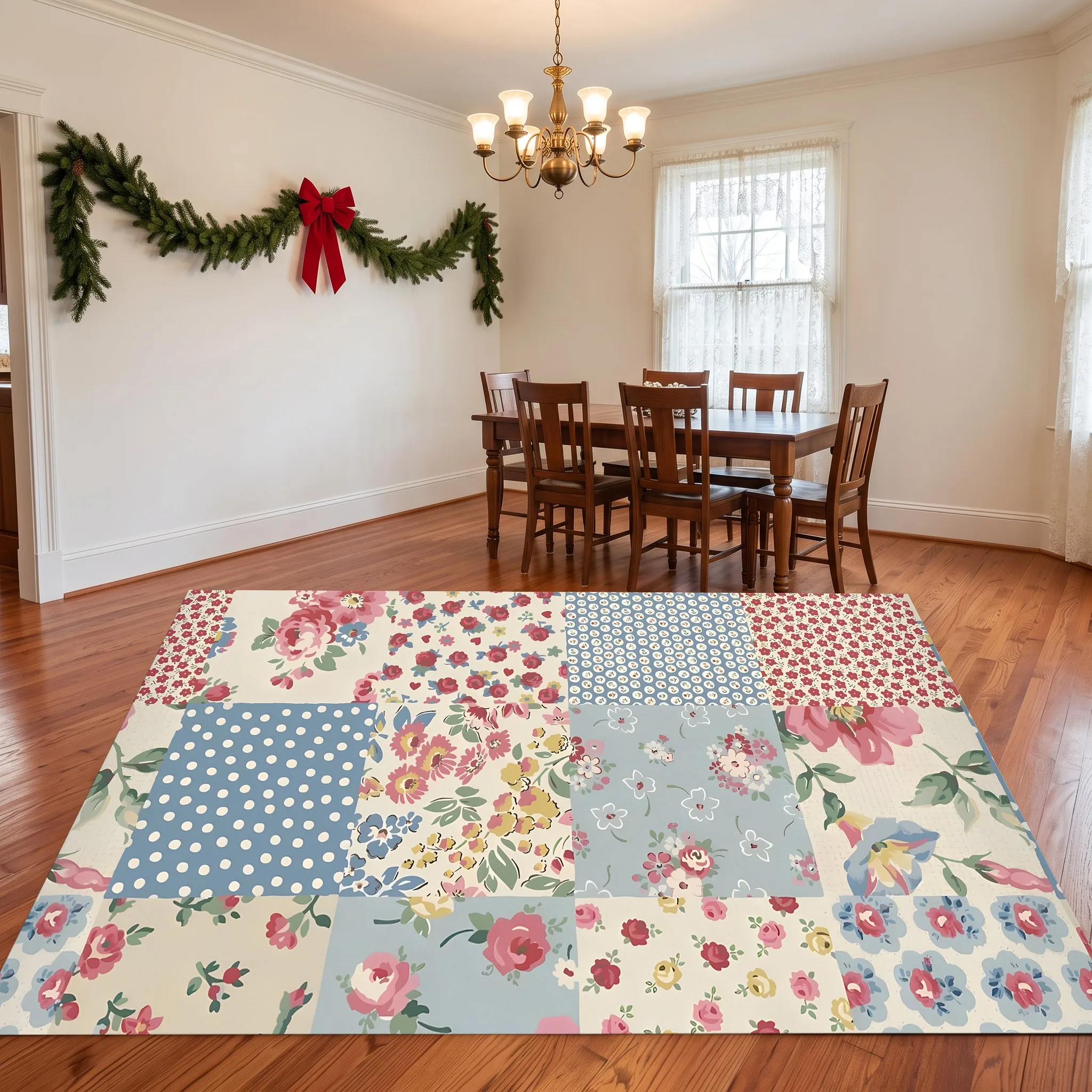 Sweet Pastoral Patchwork Floral and Polka Dot Velvet Rug for Christmas and New Year, Bedroom, Bedside, and Living Room, Cozy