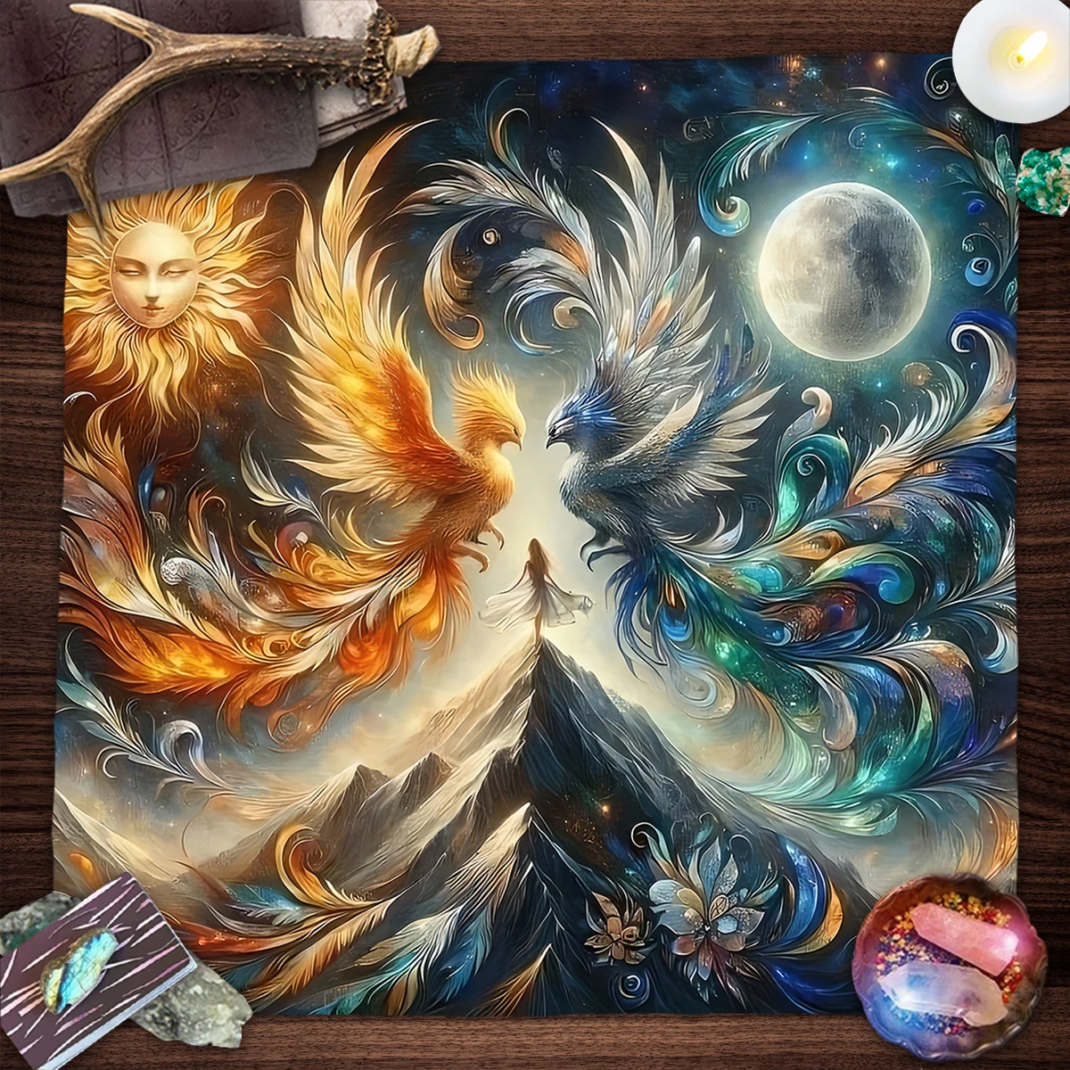 50/75cm Mystical Sun Moon Tarot Card Tablecloth Ice Fire Phoenixes Tarot Readings Witch Altar Cloth Home Decor Polyester Cloth