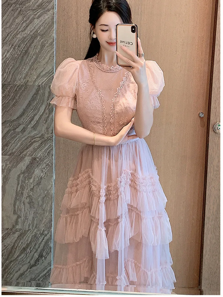 Sweet Pink Rhinestone Lace Patchwork Ruffles Edge Mesh Fluffy Wedding Party Dress Women Elegant Puff Sleeve Slim Evening Dress