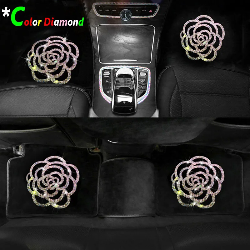 

Bling Diamond Rose Car Mats Waterproof Anti-Slip Universal Auto Floor Mats Carpets Crystal Rhinestone Car Decoration Accessories