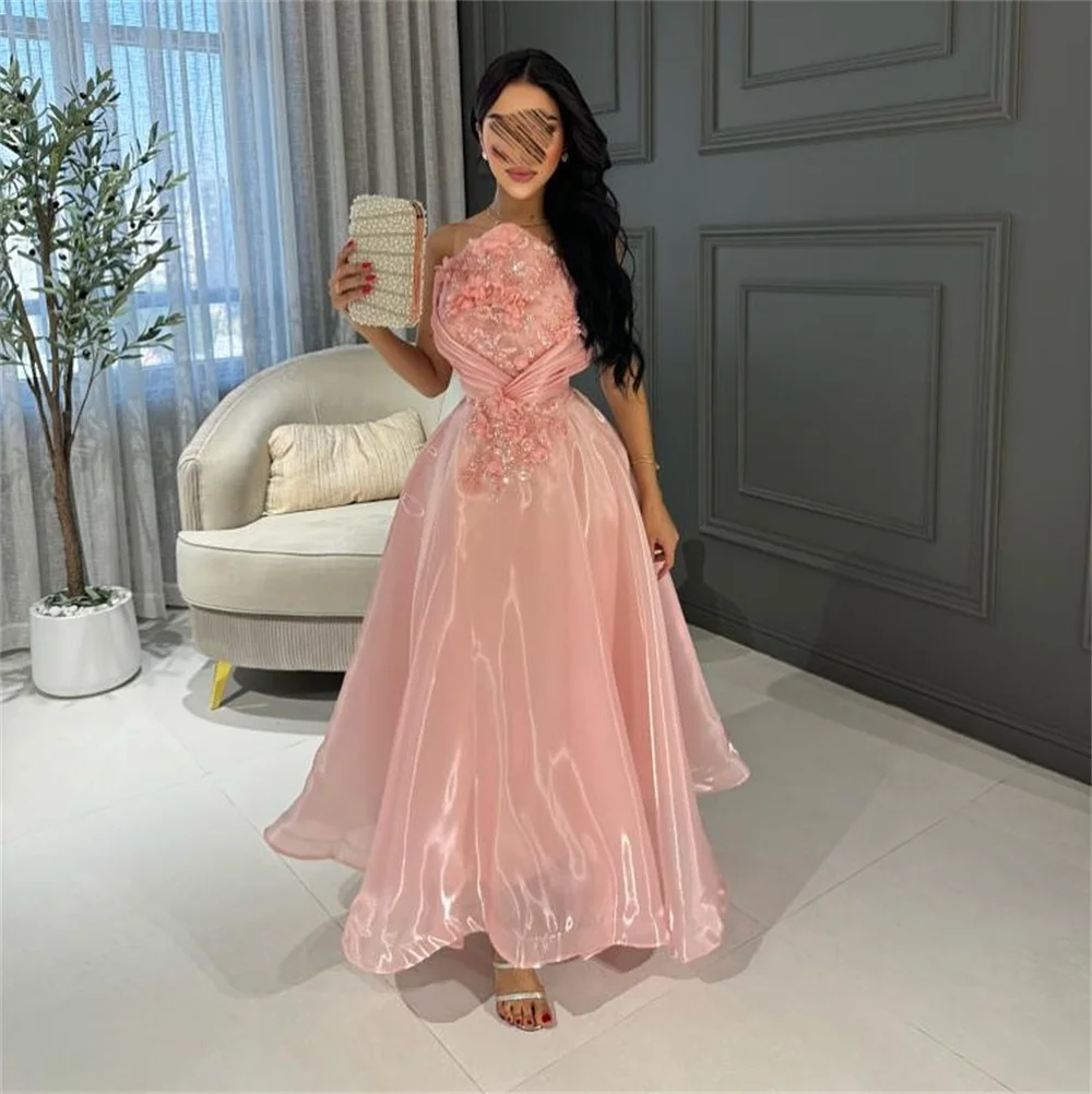 Mila Pink 3D Flowers Appliques Prom Dresses Strapless Organza Customized Evening Dresses Ankle-Length vestidos de fiesta 2025