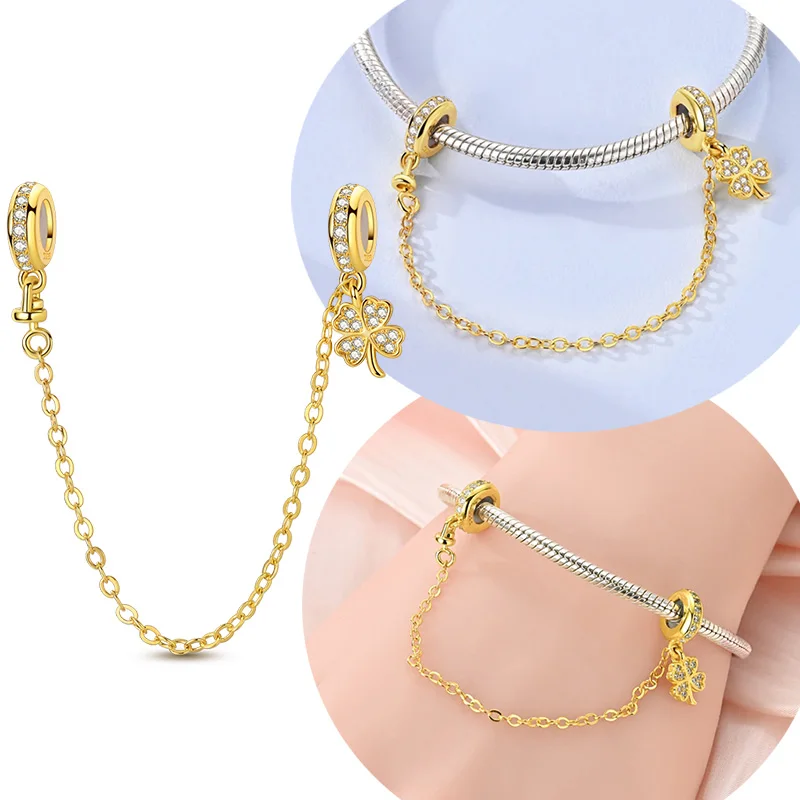 

Оригинальный стерлингового серебра 925, подвеска золотого цвета с четырьмя клеверами, силиконовая защитная цепочка, подходит для оригинального браслета для женщин, ювелирные изделия своими руками, подарок