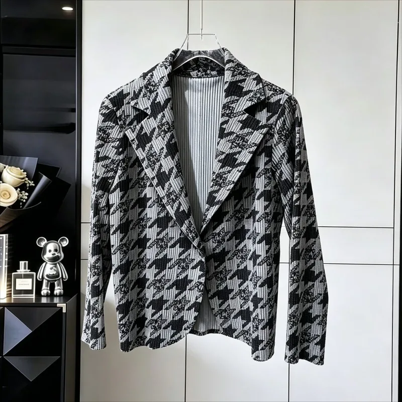 Miyake Pleated Printed Jacket 2026 Autumn New Turn-down Collar Long Sleeve Single Button Women's Commuter Casual Blazer Cardigan