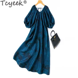 Tcyeek 100% Real Mulberry Silk Dresses Elegant Women's Dresses 2024 Summer Clothes Women High-end Party Dress Vestido Feminino