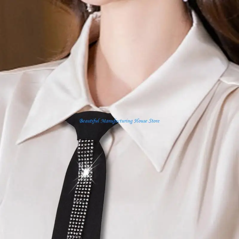 E56A Fashion Black Neck Tie with Rhinestones Embellishments School Student Uniform Pre Tied Adjustable Necktie Neckwear