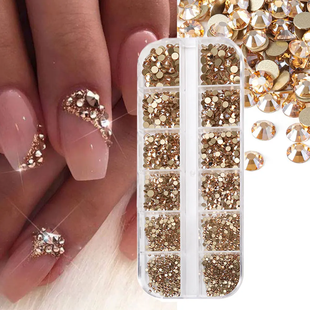

12grids Shimmering Champagne Nail Rhinestones SS6-SS30 Mixed Luxury Flatback Diamond Gems Bling Gemstones Strass Nail Art Charms