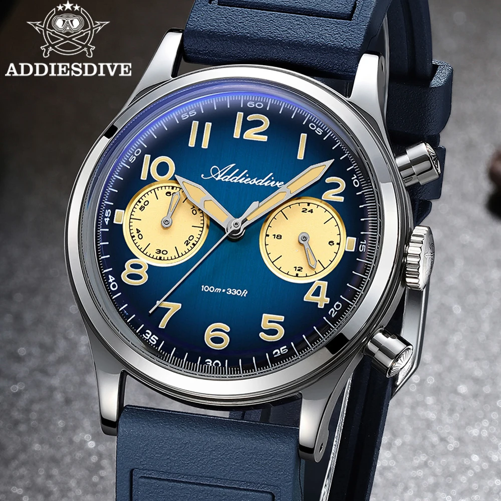 

ADDIESDIVE AD2516 Military Quartz Watch Men VK64 Movement Chronograph Waterproof 100M Retro Bubble Crystal Nylon Strap 38mm