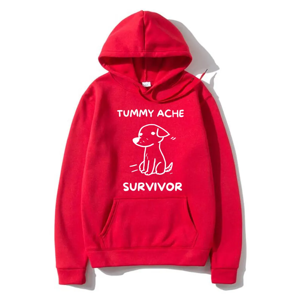 Funny Tummy Ache Survivor Puppy Meme Graphic Hoodie Men Women Casual Fleece Cotton Pullover Unisex Vintage Oversized Hoodies