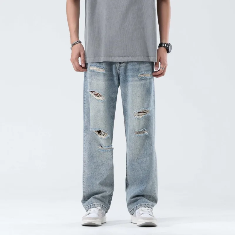 

New Spring Men Light Blue Retro Trendy Loose Straight Leg Casual Jeans Male Teenagers Wide Leg Denim Jeans Trousers Size 38