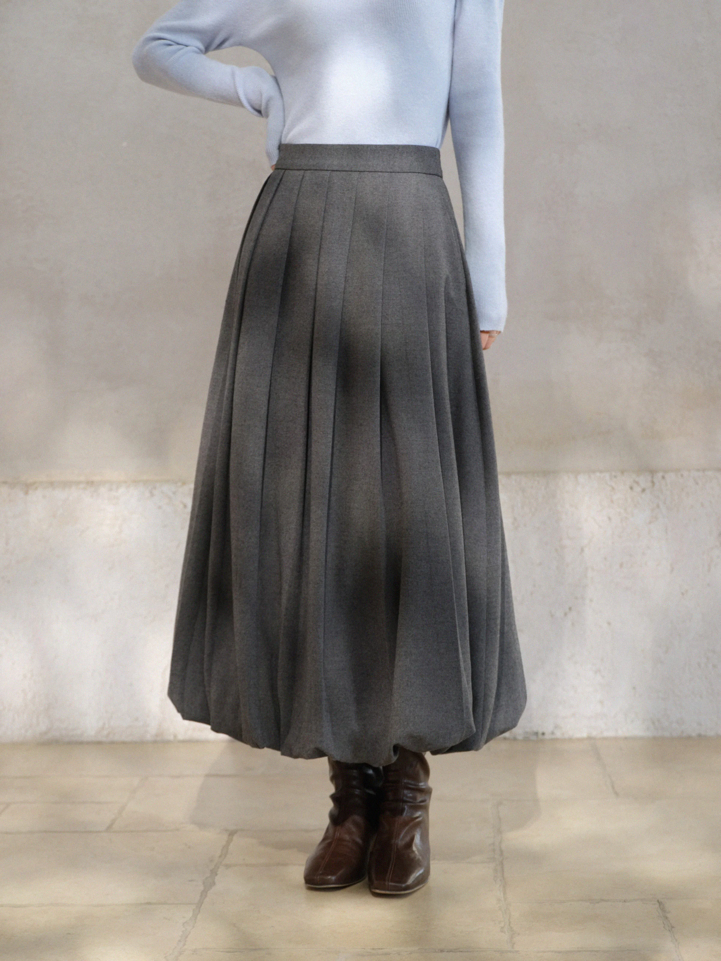 Elegant High Waist Pleated Skirt Wool-Like Midi A-Line Skirt Vintage Gray Flowy Puff Hem Skirt for Women Casual Sweet Outfit