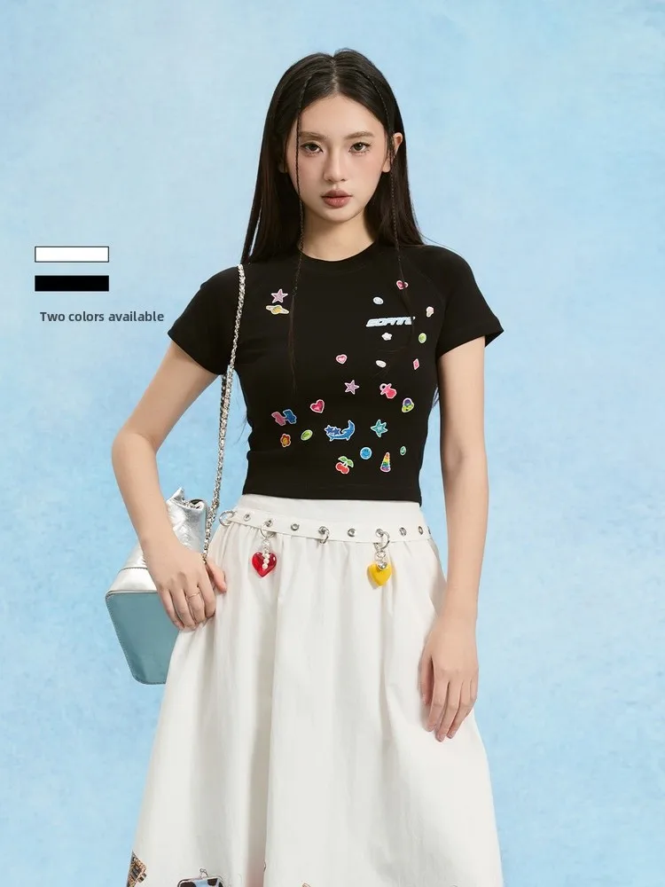 

Футболка Sofitte Slim Fit с милым принтом в студенческом стиле, универсальная летняя повседневная женская футболка для поездок на работу, из хлопка и лайкры