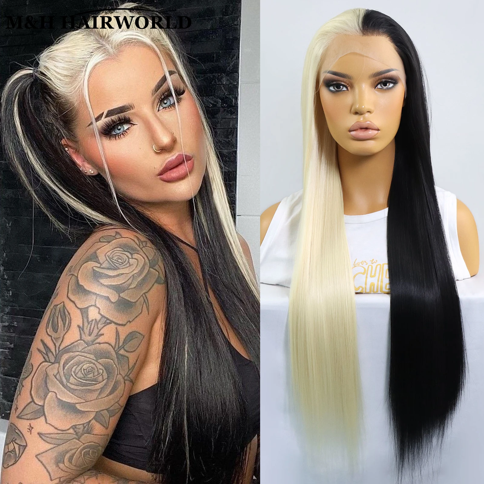 Half Blonde Half Black Colored 13x3 Synthetic Lace Front Wigs for Women Long Silky Straight Lace Frontal Wig Cosplay Party Wigs