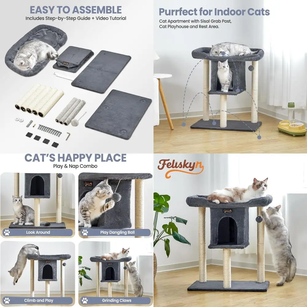 

Большое комнатное кошачье дерево с лежанкой и пещерой, высотой 28 дюймов, подходит как для маленьких, так и для больших кошек (серое)