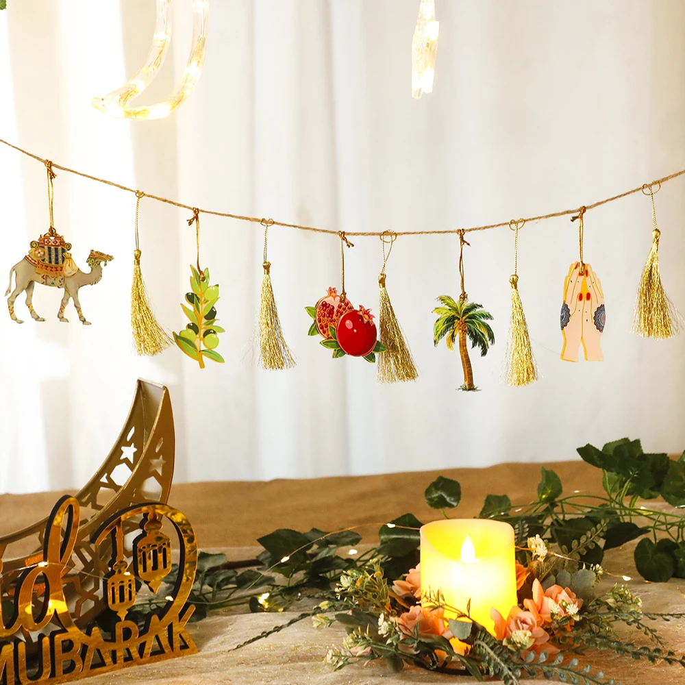 Ramadan Kareem Hanging Garland Islamic Camel Pomegranate Palm Moon Star Decor for Muslim Festival Home Party Wall Ornament Gifts