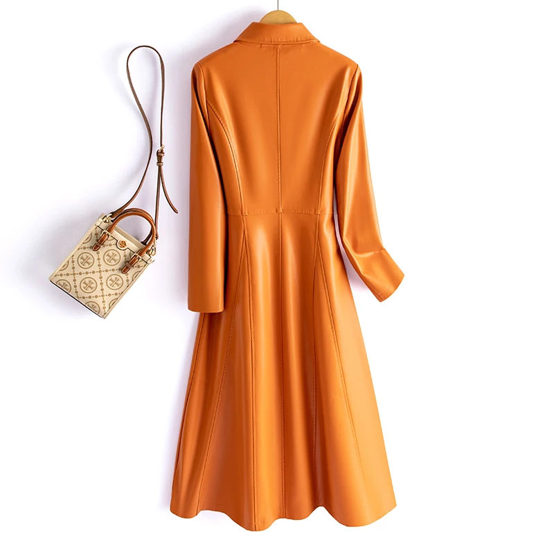   معطف نينج من الجلد الطبيعي للنساء متوسط الطول، موديل ربيع 2025 الجديد من جلد الحملان، معطف أنيق نحيف الخصر