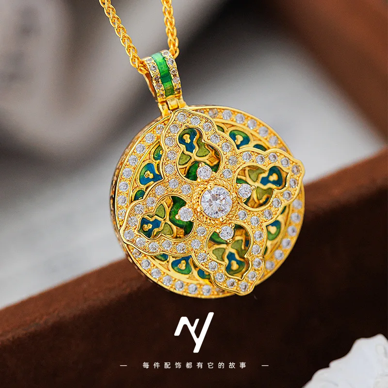 

Luxury 24K 9999 Pure Gold real gold Women's National Color Tianxiang Diamond Enamel Gourd Pendant Necklace