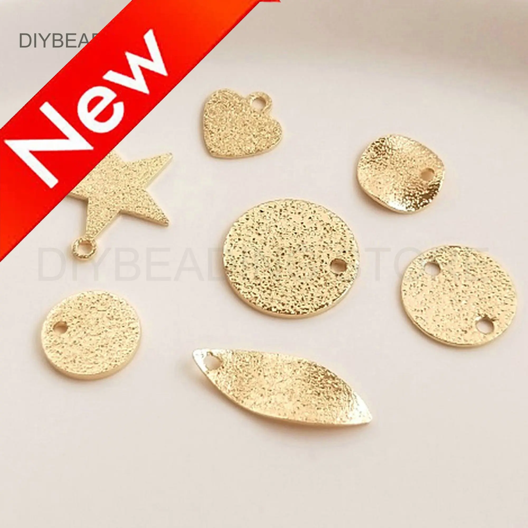 Earring Making Charms Lots Supply 14K Real Gold Plated Stardust Star/Heart/Disc Shape Finding for Fashion Jewelry (7 Size)