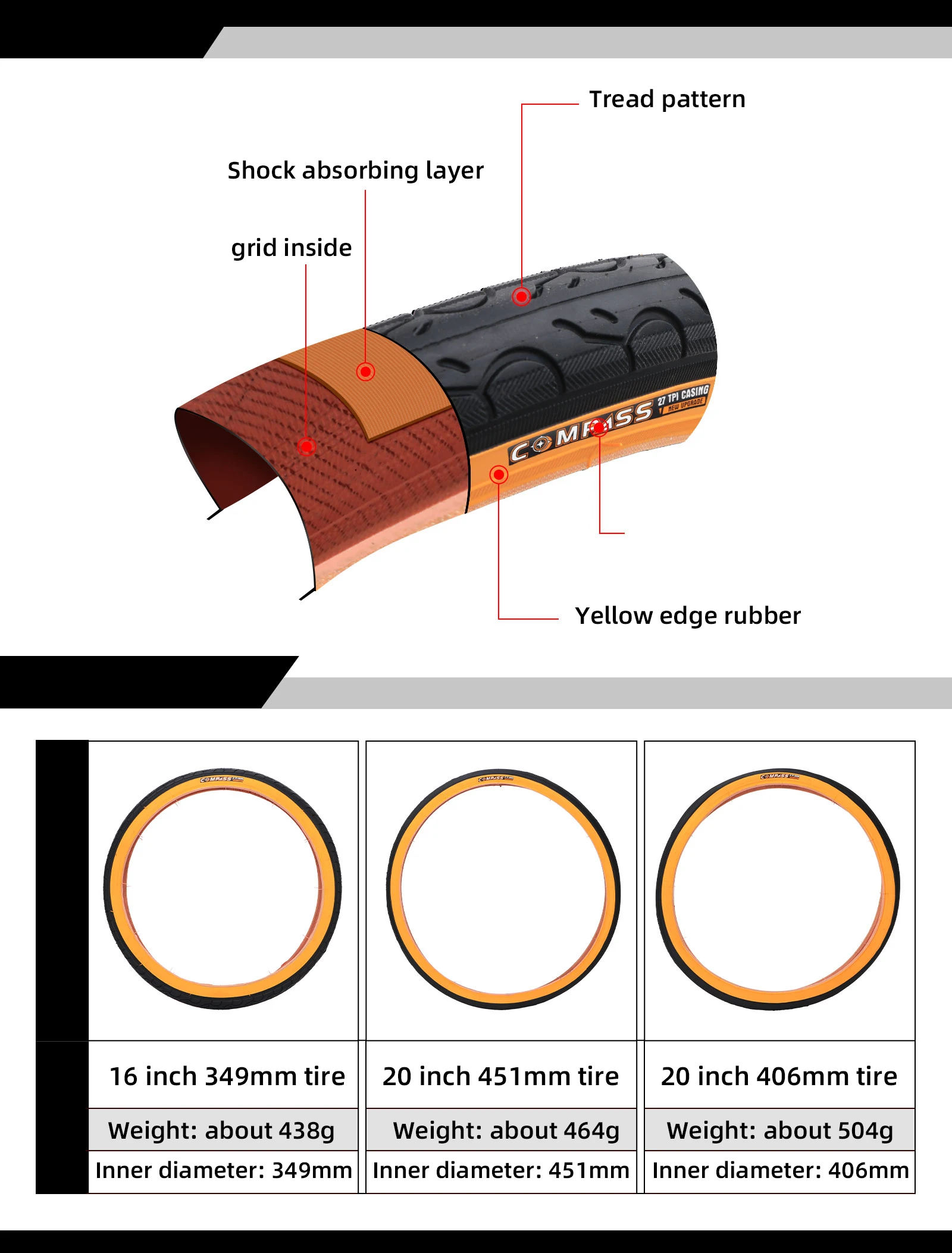 Folding Bicycle Tire 349 16" Bicycle Rubber Yellow Edge Tire 406/451 BMX 20 Inch Bicycle Tire