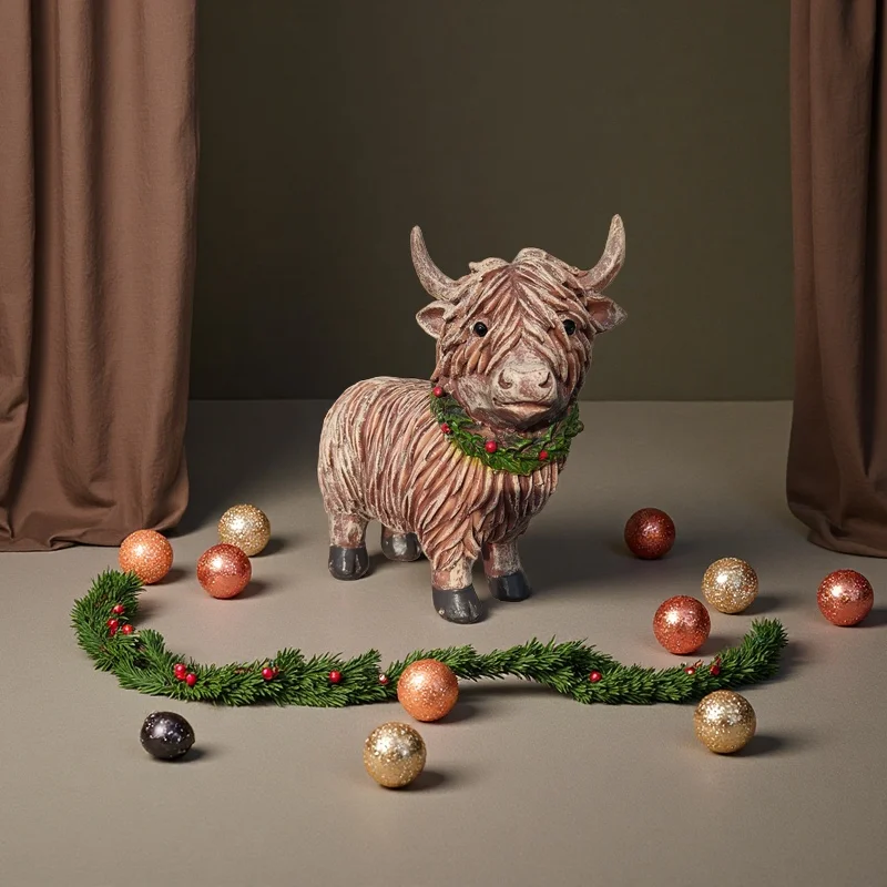 2 Christmas-Themed Couple Resin Sculptures of Scottish Highland Cows, Christmas Decoration Ornaments, High-End Christmas Gifts
