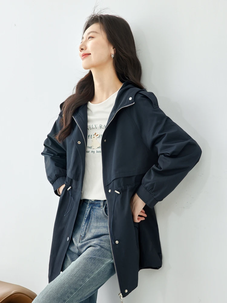 VIMLY Drawstring Waisted Long Trench Coat for Women 2023 Autumn New Cotton Blend Hooded Zipper Casual Jacket Coat Outwear M2817