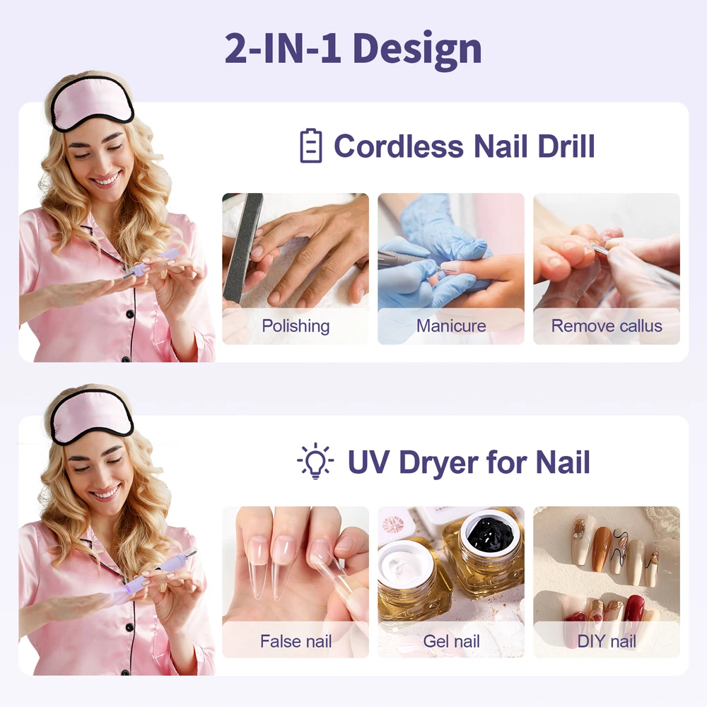 لاسلكي صغير مسمار الحفر القلم 2-IN-1-UV مصباح مجفف الأظافر مانيكير طلاء الأظافر القلم قبضة USB قاطعة المطحنة UV جل مزيل