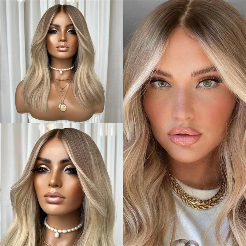 

Ombre Ash Blonde Balayage Synthetic HD Lace Front Wig with Dark Roots Short Wave Bob 180% Density For Women Daily Party Cosplay