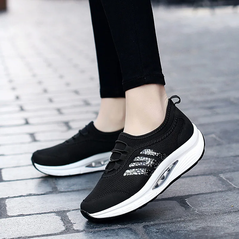 Ladies Casual Shoes  Sneakers Net Air Cushion Breathable Round Shape Elastic Band Solid Color Increase Women Flat