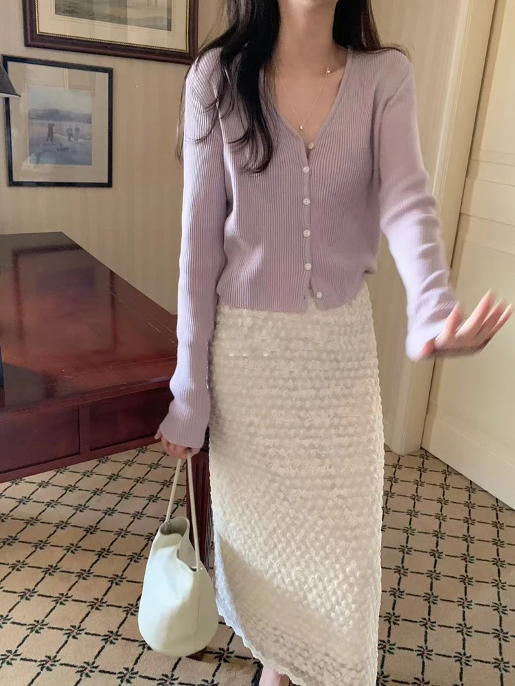 秋の東大門 V ネックニットカーディガン女性の優しいスレオルトフィットスリムアウターウェアトップカジュアルスレロングスベコットン