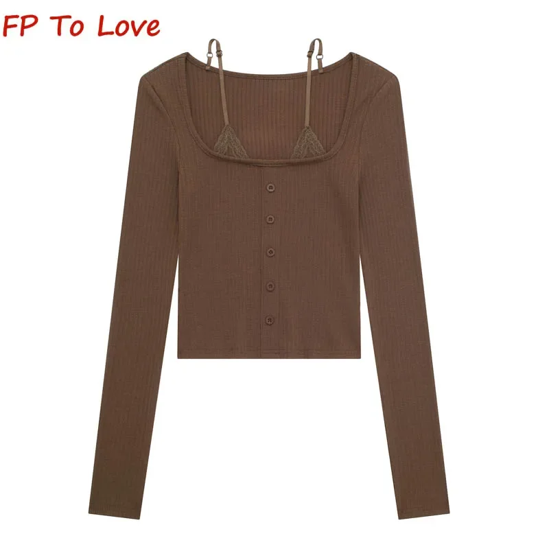 

Y2K Square Neck False Two Piece Lace Hanging Neck Knitted Bottom Shirt Sexy Single Breasted Long Sleeve Top