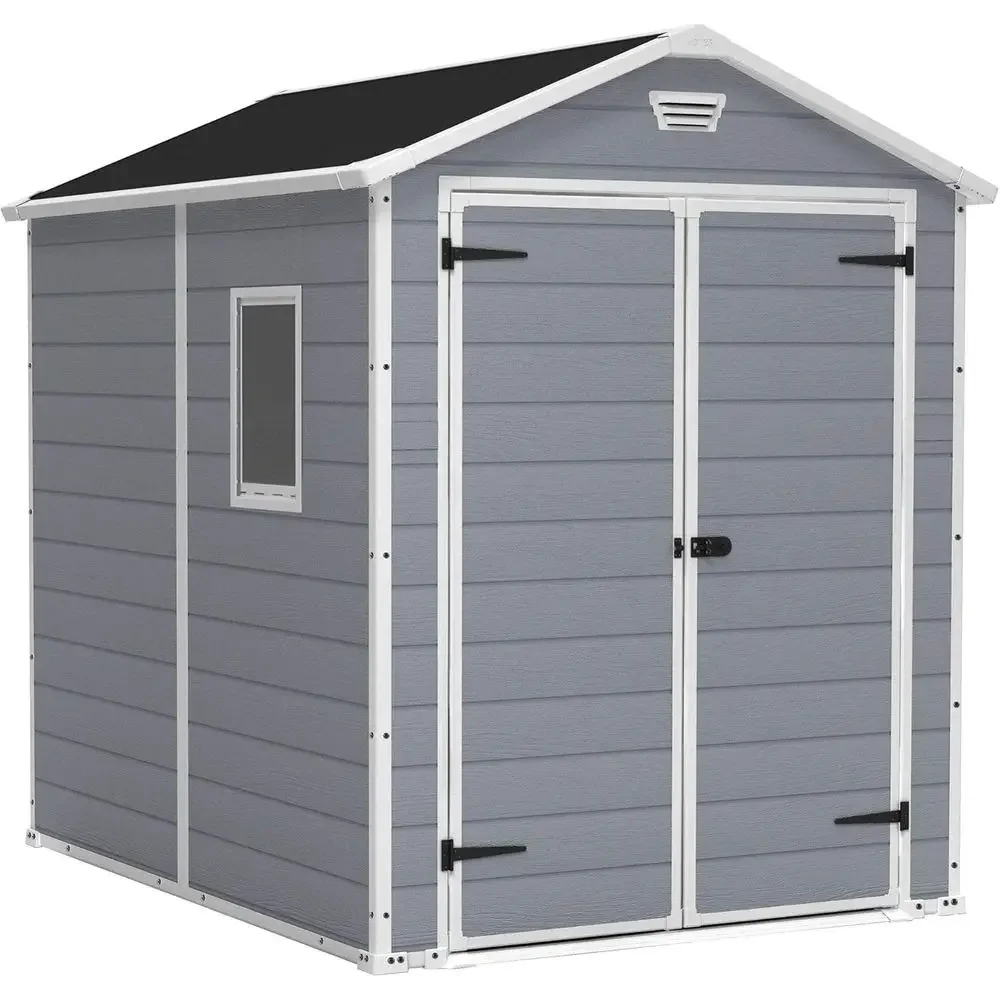 

Manor 6x8 oot All Weather Garden Tool Outdoor Storage Shed with Lockable Double Do, ixed Window and Wood-Resin Walls, Grey
