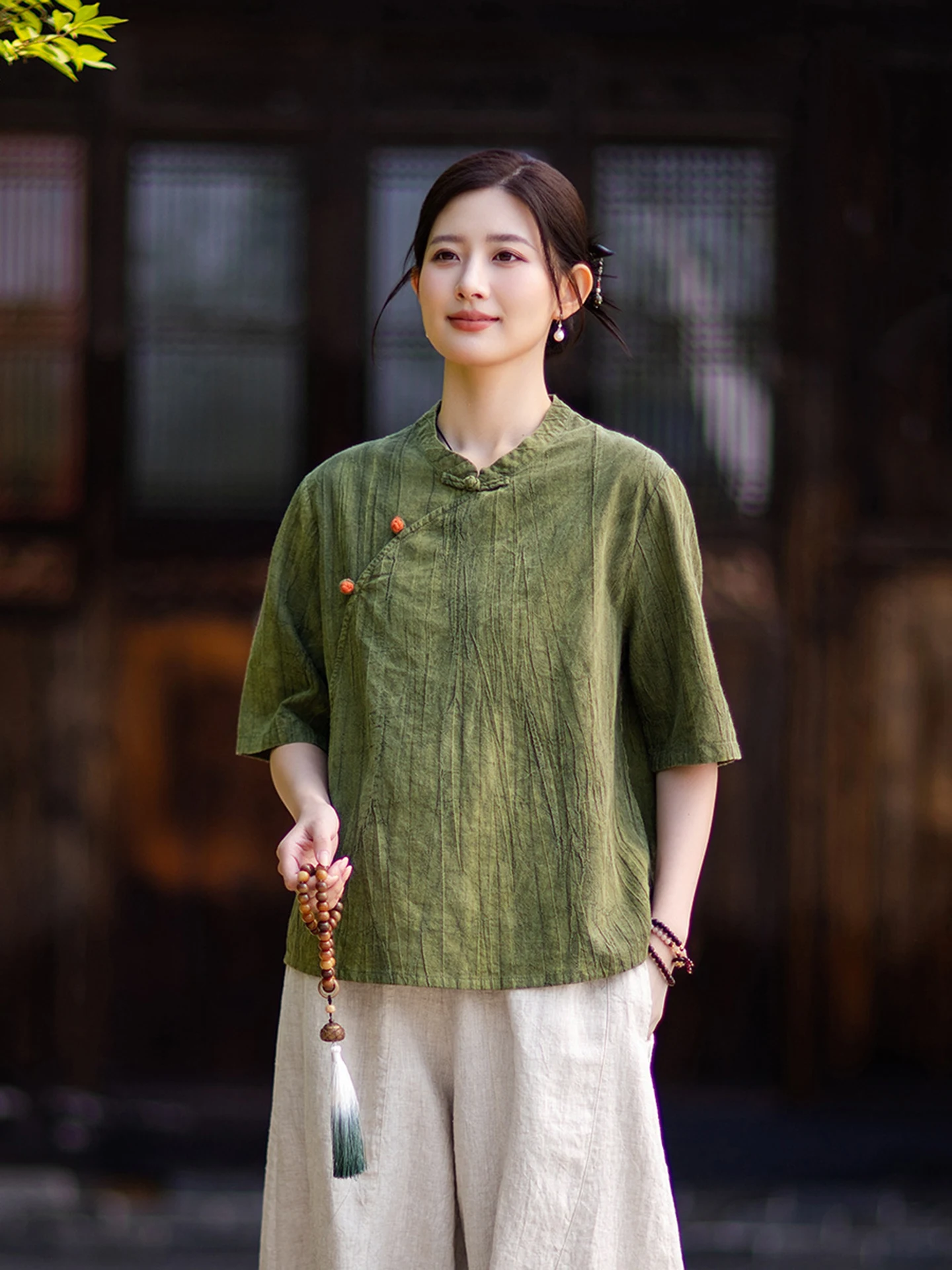 New Chinese Style Women's Cotton Linen Short Sleeve Shirt Summer High End  Silk Traditional Tea Costume Small Top