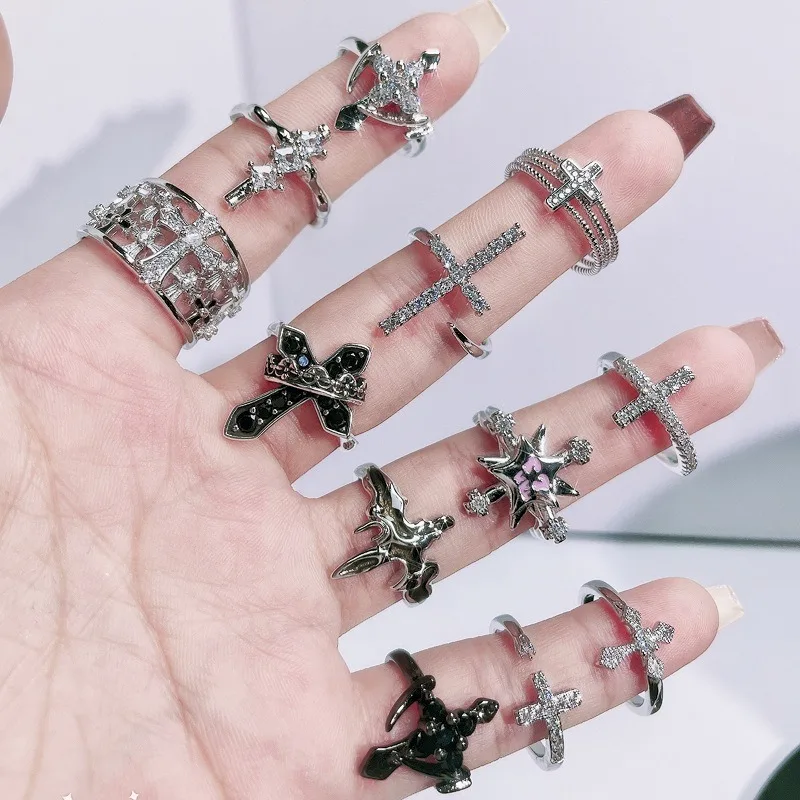 New Fashhhion Punk Dark Vintage Cross Open Rings for Women Luxury Copper Gold-plated High-quality Rings Y2K Style Jewelry Gift