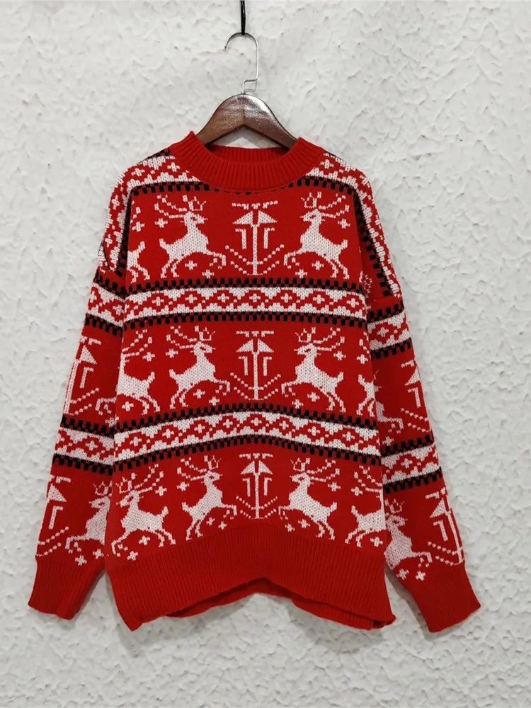 2024 novo outono inverno feio natal veados camisola de malha para as mulheres moda casual solto pulôver em torno do pescoço manga longa jumper