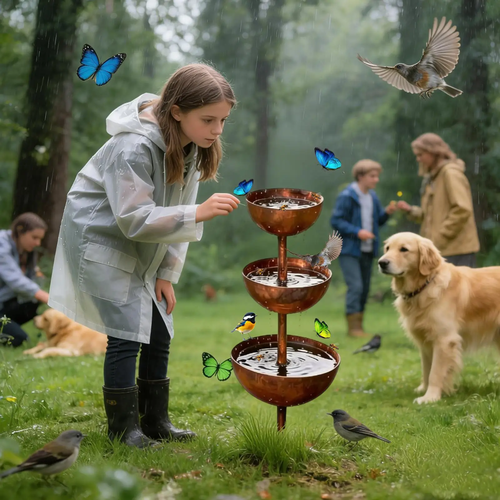 3-Tier Rain Gauge & Bird Feeder Decorative Weather-Resistant Stake 2-in-1 Water Collector for Garden Patio Backyard Poolside