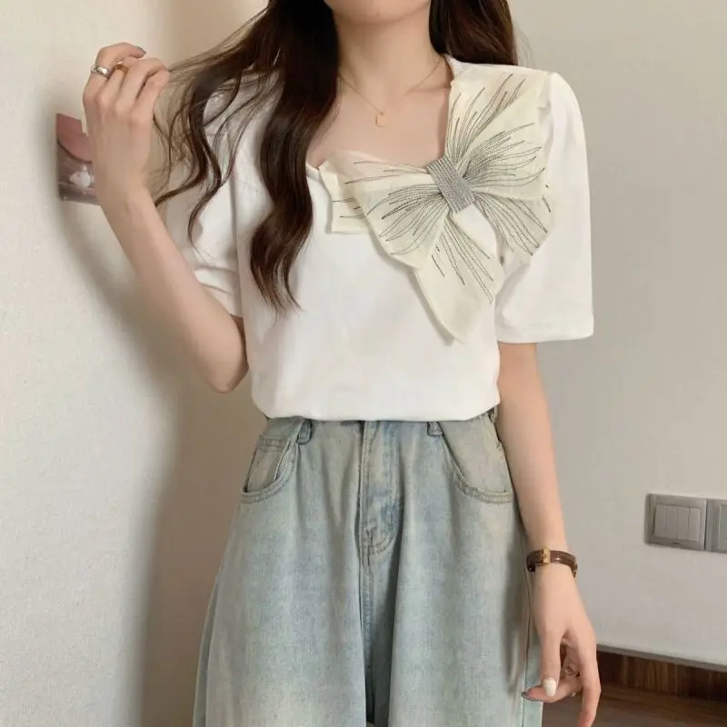 2024 New Summer Office Lady Loose Casual Sweat Retro Korean Style T-shirts for Women Solid Color Bow Short Sleeve Chic Y2K Tops