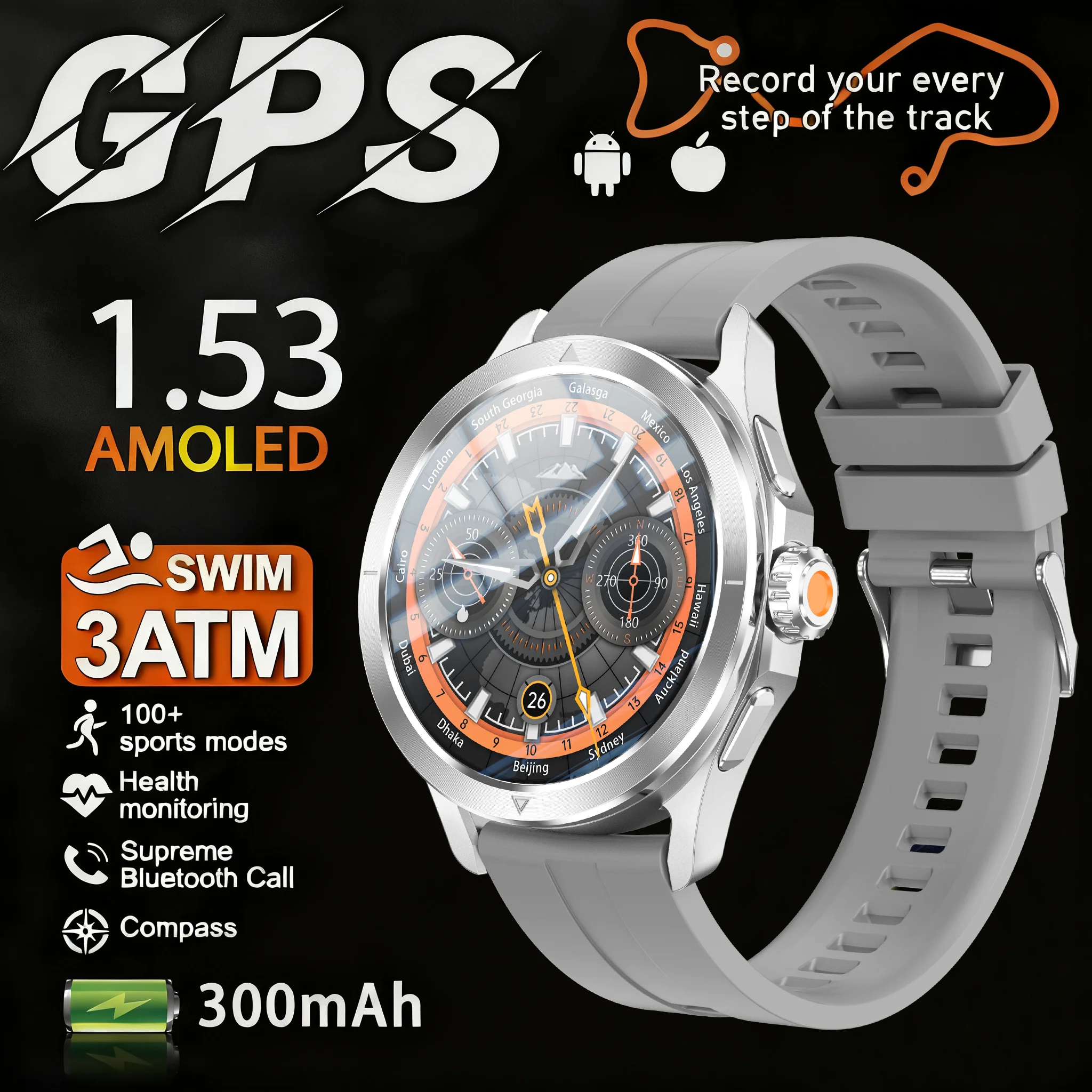 

2025 New 300mAh Battery Sports SmartWatch 1.53" AMOLED Screen 5ATM Waterproof Compass and GPS Altimeter Military Smartwatch Men