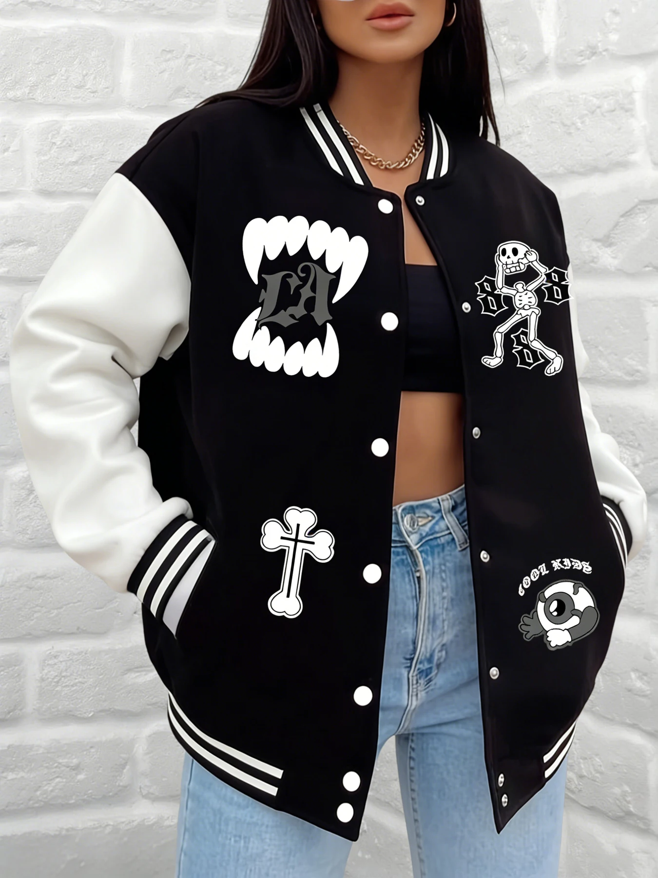 Damska kurtka baseballowa LA Fang z grafiką szkieletu, fajny, zabawny wzór, luźny krój, odzież wierzchnia, casualowa odzież uliczna, do noszenia na co dzień.