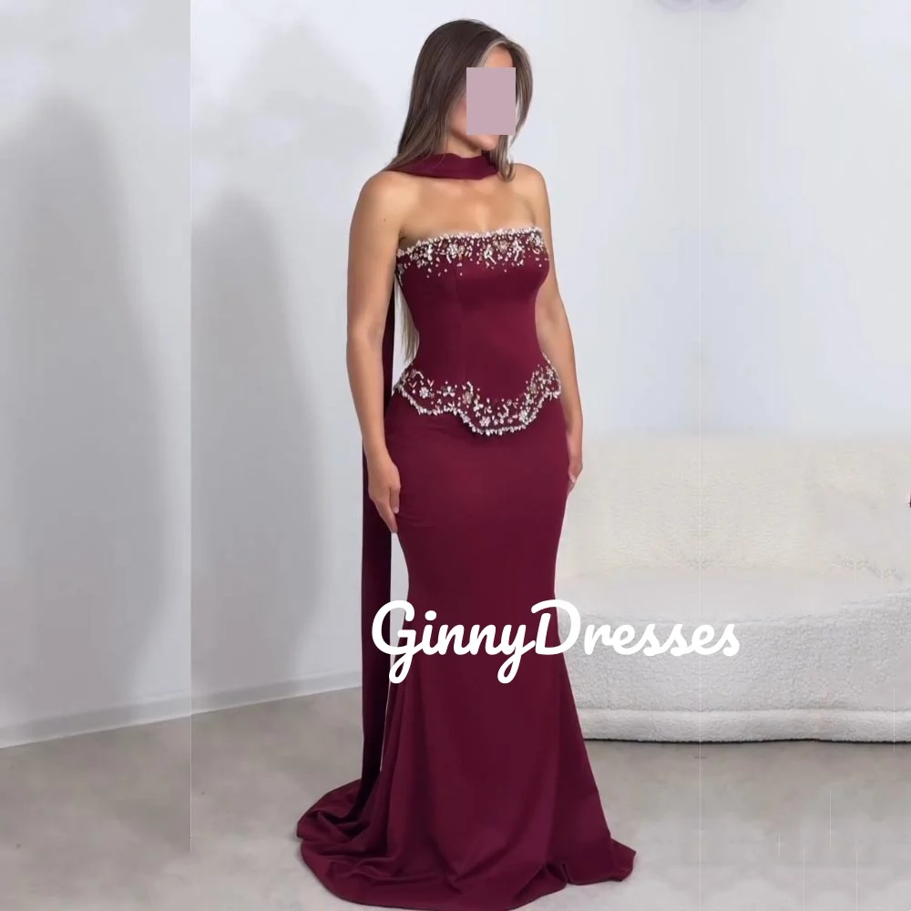 Robes de soirée de luxe personnalisées, style sirène, sans bretelles, longueur au sol, pour événements spéciaux, perles bordeaux, fermeture éclair, robes F